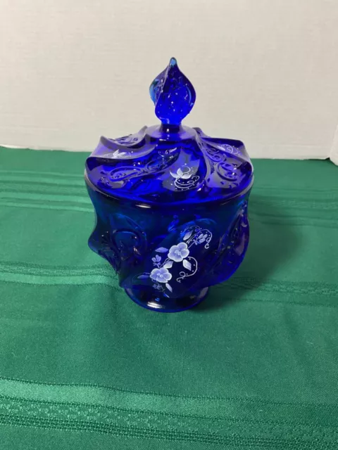 Fenton Candy Dish Cobalt Royale Blue - White Elizabeth Rose - Signed S. Hopkins