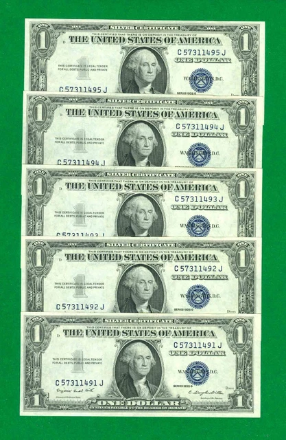 $1 1935-G 5 C/J Block Blue Seal Silver Certificates Con. Cu. No-Motto