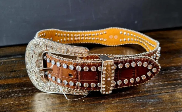 Nocona Western Girls 20" Youth Belt Scalloped Crocodile Print Rhinestones Brown