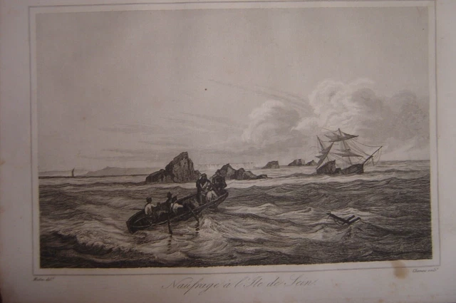Très belle gravure d'un Naufrage à l'île de SEIN Bateau Navire