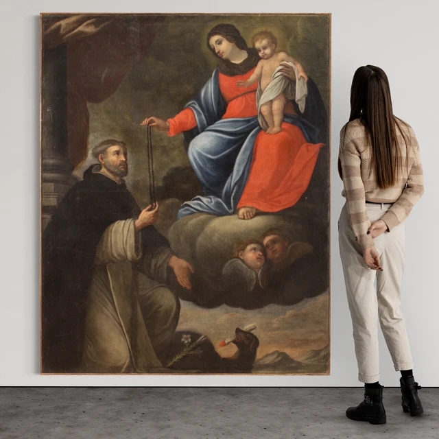 Madonna entregando rosario Domingo de Guzman pintura antigua oleo lienzo 600