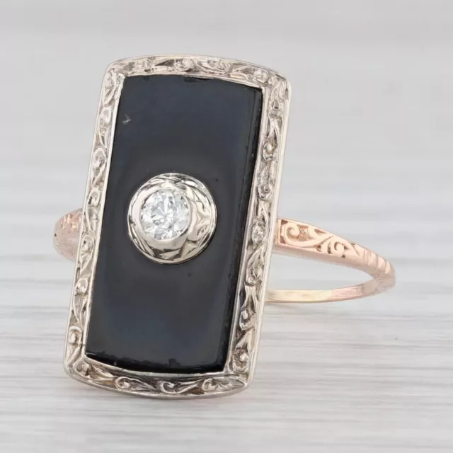 Vintage Onyx Diamond Signet Ring 10k Rose White Gold Size 7 Ornate