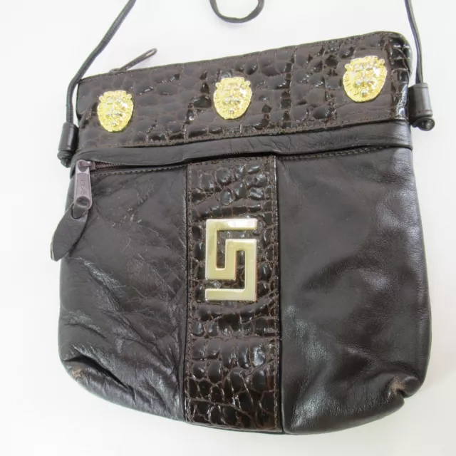 Vtg Cache Crossbody Handbag Brown Leather Croc Trim Gold Tone Lion Purse Bag