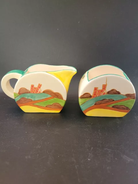 Clarice Cliff  MMA Repro Hand Painted Bonjour Secrets Creamer  Sugar Bowl 1993