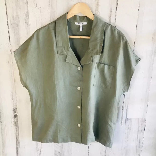 NWT Three Dots Linen Top Olive Army Green Women's Buttonfront Shirt Safari L