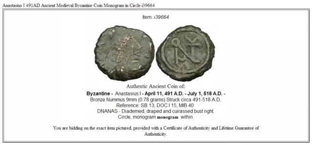 Anastasius I 491AD Ancient Medieval Byzantine Coin Monogram in Circle i39664 3