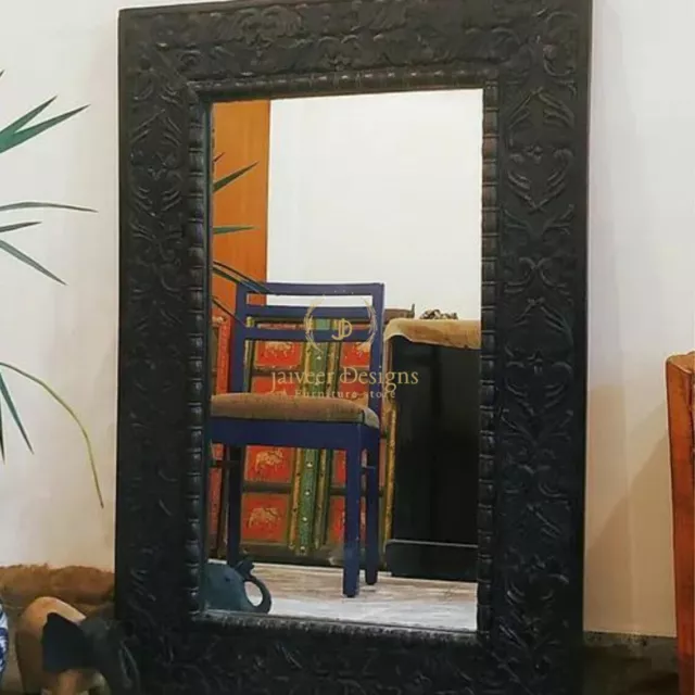 Marco de espejo de arco tallado a mano sala de estar de lujo marco negro decoración de espejo de madera