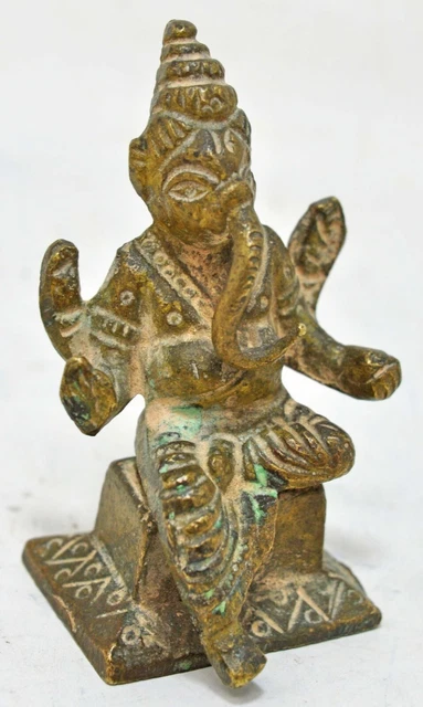 Antique Brass God Ganesha Idol Figurine Original Old Hand Crafted Engraved
