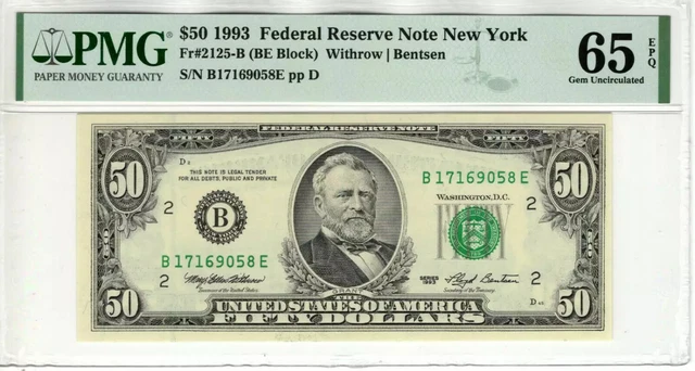 1993 $50 Federal Reserve Note New York Fr.2125-B Pmg Gem Unc 65 Epq (058E)