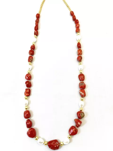 Collier Long Corail Naturel Sassi Et Perles A Goutte Avec Hématite Or