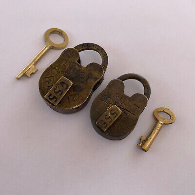 old or antique brass small miniature padlock lock with key RARE shape, pair.