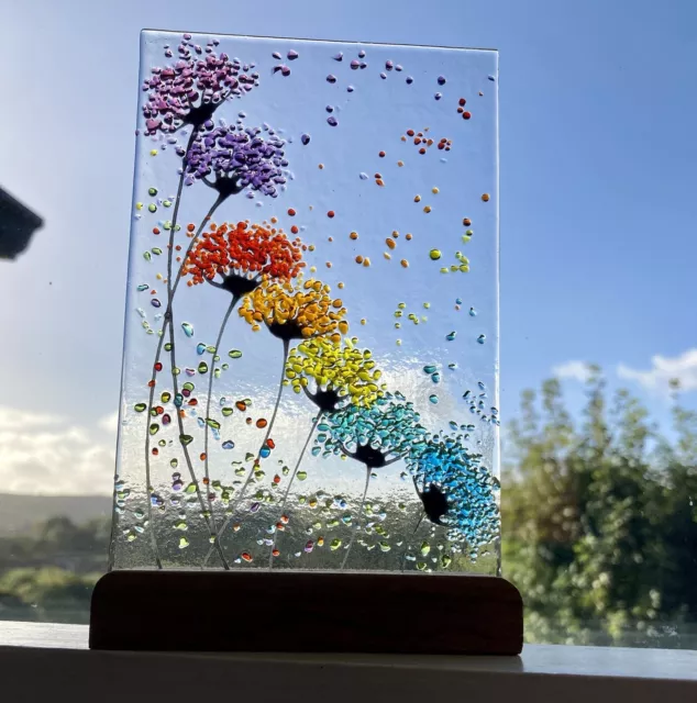 Whimsical Handmade fused glass art Rainbow Flower Picture & Oak Stand