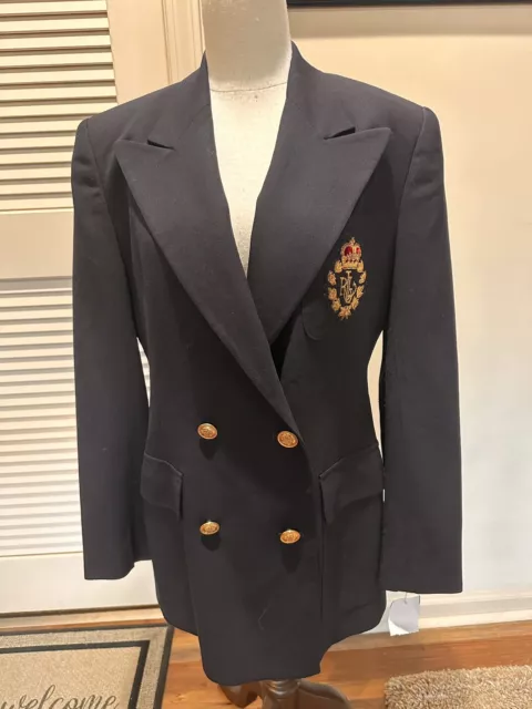 Ralph Lauren Women’s Navy Blue Wool Blazer Jacket Vintage Double Breasted Crest