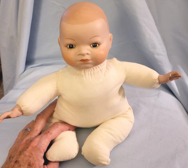 Vtg 13" German 1980's Grace S. Putnam Bye Lo Baby. Blue Eye.Bisque & Cloth 