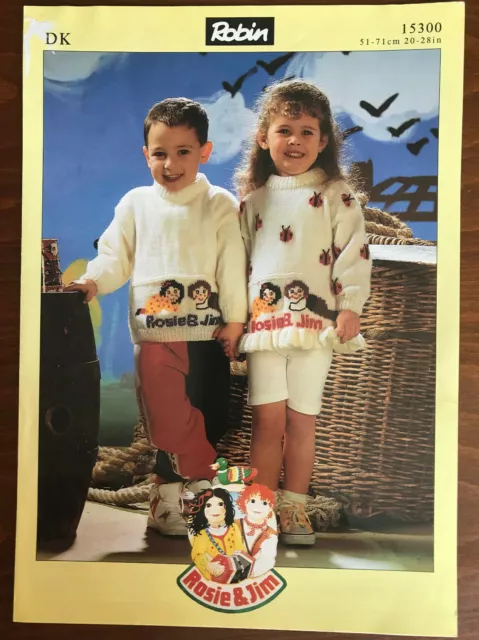 Rosie + Jim KNITTING PATTERN Childrens motif jumper Boys girls frill Robin 15300