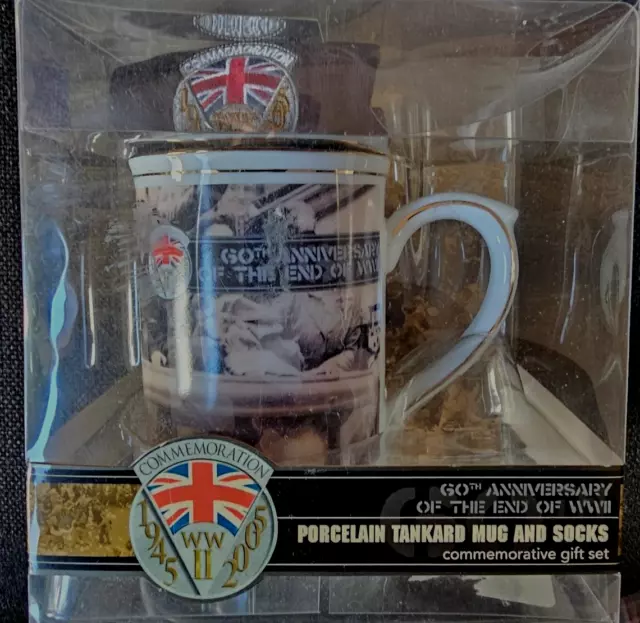 PORCELAIN MUG TANKARD & SOCKS BOXED 60th ANNIVERSARY OF THE END OF WORLD WAR II