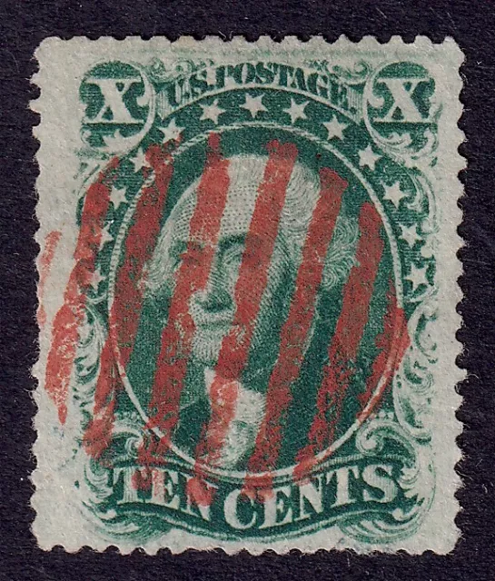 US Scott 35, 1859 Washington, 10c green, USED *Orange Red Cancel*