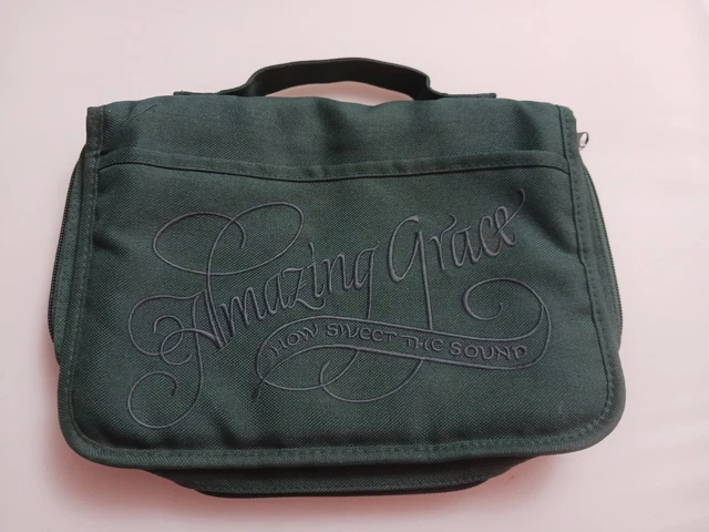 Green cloth Bible Cover Amazing Grace  zipper close-3 open pockets-2 pen holders