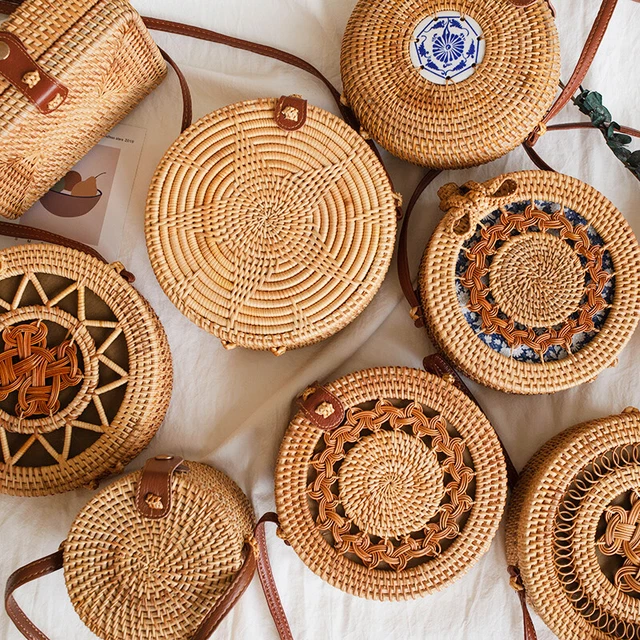 Stylish Round Square Beach Summer Straw Bag Handmade Woven Rattan Circle Handbag