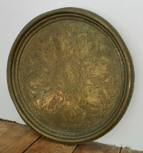 Antique Indian Brass Circular Tray c1900 - engraved with Vishnu and deities