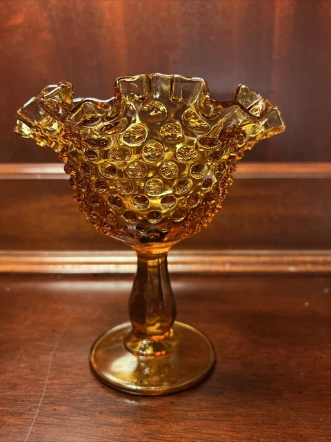 FENTON COLONIAL AMBER Glass Ruffled Edge Hobnail Compote Pedestal Candy ...