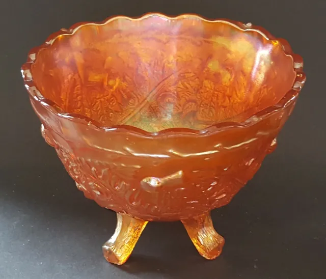 Carnival orange iridescent glass vintage Art Deco antique footed bowl dish A
