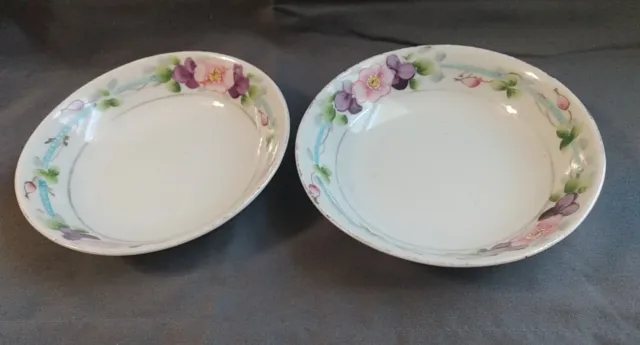Antique Hand Painted Floral Nippon Porcelain Small 4.75" Dishes Bowls ~Set Of 2