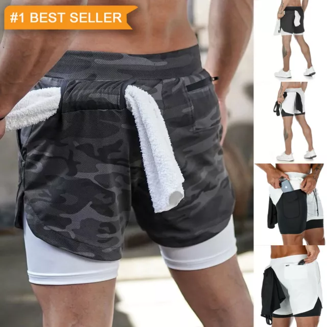Men Running Shorts 2 in 1 Sports Jogging GYM Fitness Training Quick Dry Breathab