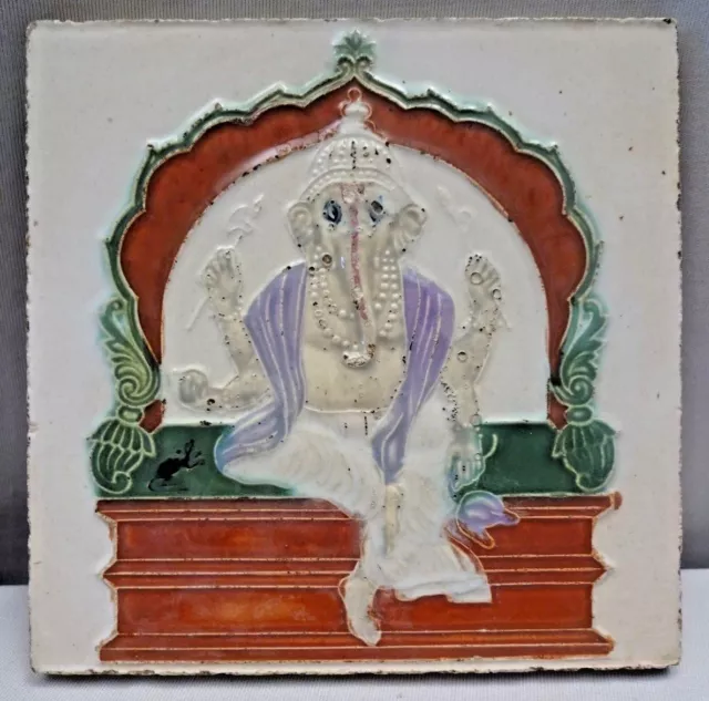 Antique Tile Majolica Art Nouveau Ceramic Ganesh Sitting On Throne Gwalior "332