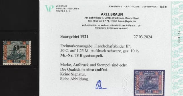 Saar 78 B gestempelt ohne Signaturen  Fotobefund Expertise VP