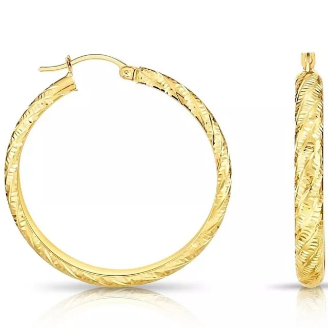 14K Real Solid Gold Hand Engraved Diamond-Cut Chunky Hoops Earrings Large Sizes