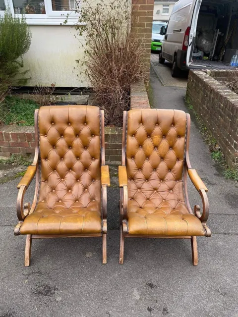Vintage 1980’s Pair Chesterfield Brown Leather Saddle Slipper Chair Armchairs