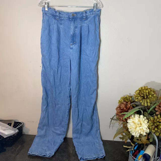 Vintage 70s Blue Chambray Wide Leg High Rise Pants Jeans Pockets Fits Size 8-10
