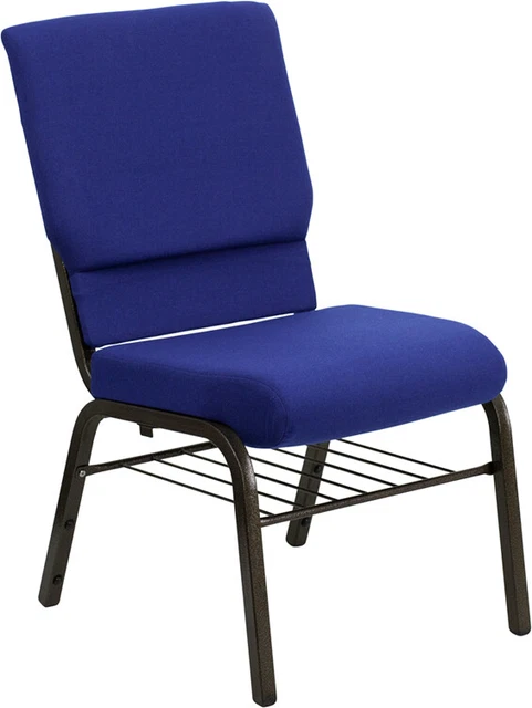 10 PACK 18.5'' Wide Navy Blue Fabric Church Chair w/ Book Rack & Gold Vein Frame
