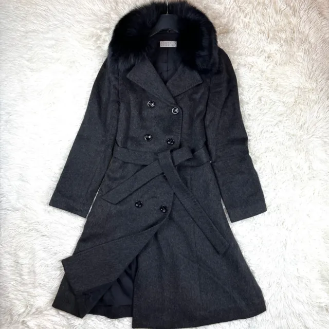 Barneys New York 100% Cashmere Long Coat woman Size 38 (M) Black Blue FOX Fur