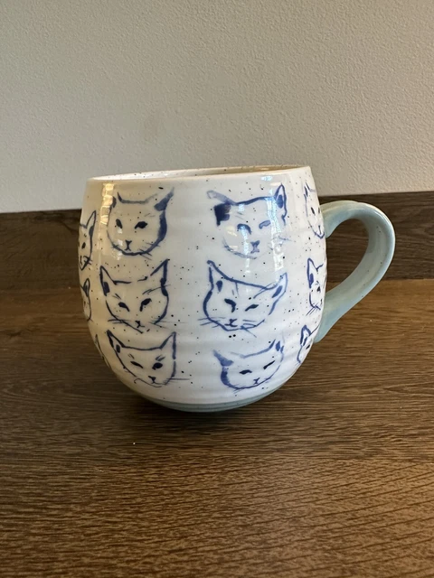 Anthropologie Leah Reena Goren Cat Faces Ceramic Blue 12oz Signed