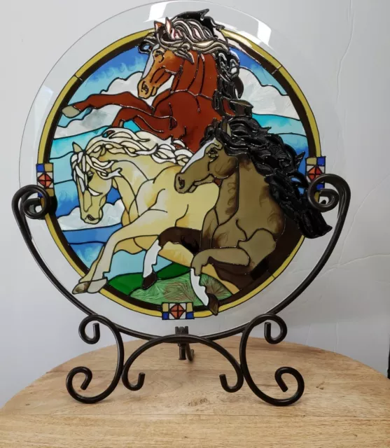 Joan Baker Stained Glass Wild Horses Art Glass on Metal Stand