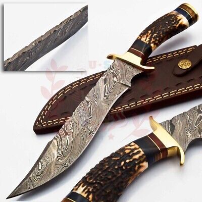 Custom Hand Made Forged Damascus Steel Hunting Bowie Knife handle Deer antler