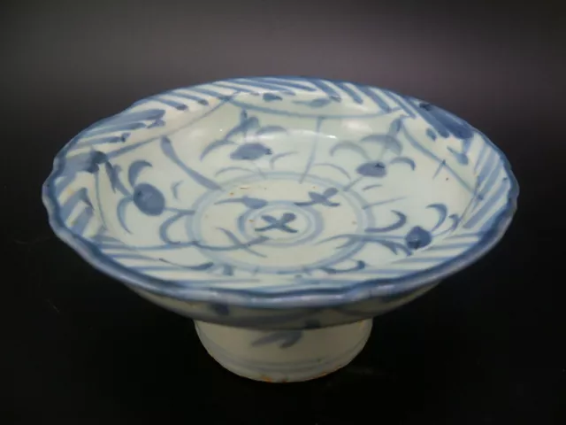 Thai Thailand Blue and White Pedestal Offering Plate Bowl