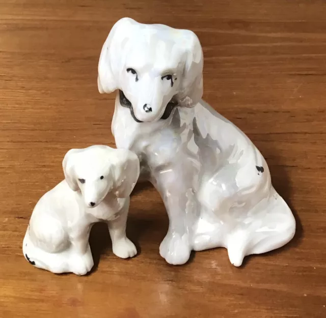 Vintage 2 Lusterware Dog Figurines Porcelain Japan Iridescent White Luster Ware