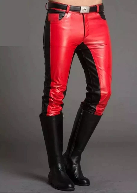 Pantalon En Cuir De Motard Rouge Matelassé - Taille 28 à 48 - Style Biker Slim - Neuf Avec Étiquettes