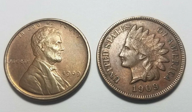 1909 Lincoln Head Cent & 1909 Indian Head Cent AU (Lot of 2)