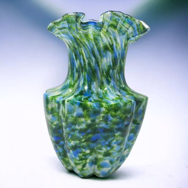 Vintage Fenton Art Glass Blue Green Aventurine Vasa Murrhina Vase 10" Ruffled