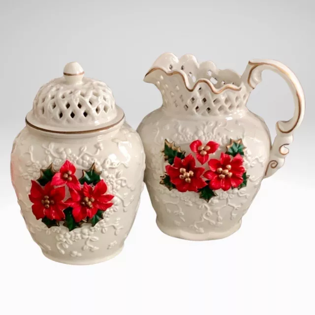 3D Poinsettia Pitcher and Ginger Jar Porcelain Floral Lattice Christmas 2pc Lot