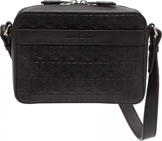 SALVATORE FERRAGAMO Gancio Embossed Leather Travel Shoulder Bag Body Bag BLACK