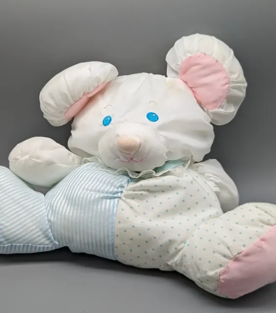 Vintage Fisher Price Puffalump Mouse Bear Plush White Pink Blue Rattle Baby Toy