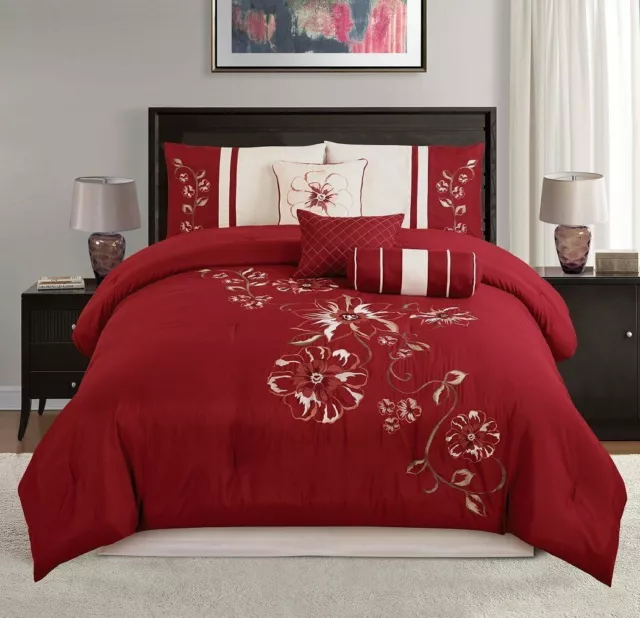 Chezmoi Collection 7p Burgundy Beige Floral Hibiscus Embroidery Comforter Set