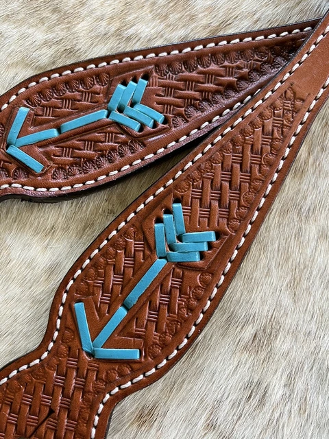 Basketweave Tooled Genuine Leather Arrow Western PAIR Ladies Size Spur Straps 2