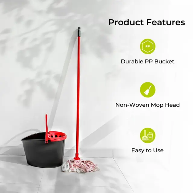 Mop and Bucket Set Floor Cleaning Mopping PP 14L Bucket Non-Wooven Mop Head 2