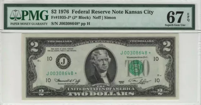 1976 $2 Federal Reserve Star Note Kansas City Fr.1935-J* Pmg Superb Gem 67 Epq